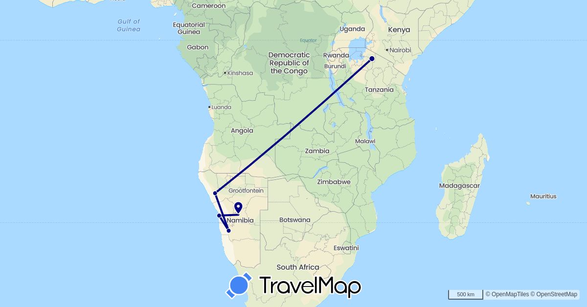 TravelMap itinerary: driving in Namibia, Tanzania (Africa)